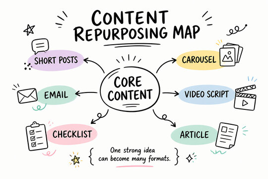 A diagram illustrates a content repurposing map showing how core content can be transformed into various formats like short posts, carousels, email, video scripts, checklists, and articles.
