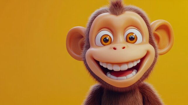 Happy cartoon monkey smiling against a yellow background.