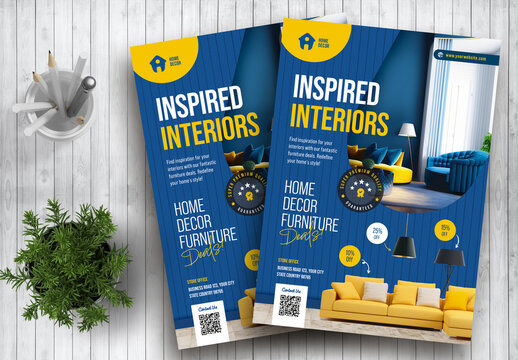 Interior Sale Flyer Template with Blue and Yellow color