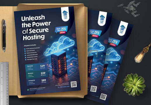 Hosting Flyer Template With Cloud Server Illustration