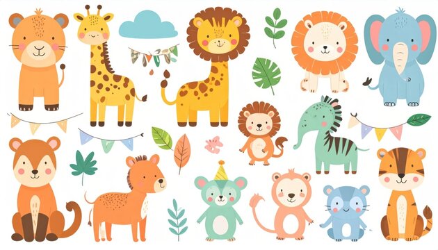 African safari animal characters with festive party decorations.