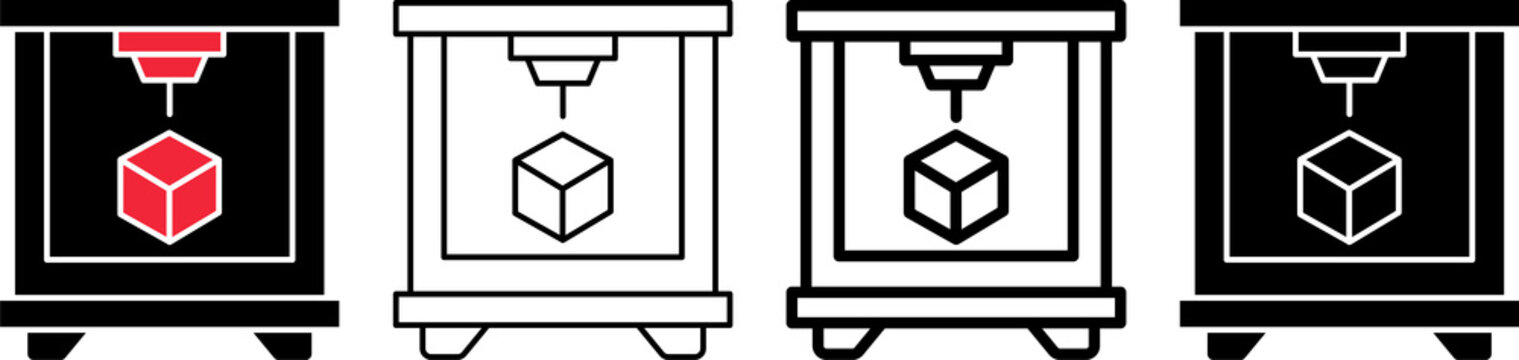3D Printer Icon Set in Filled, Outline, Bold Outline and Glyph Styles. 