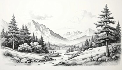 Fototapeta premium Black and white sketch of mountain forest landscape.