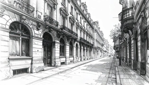 Black and white sketch of historic European street.