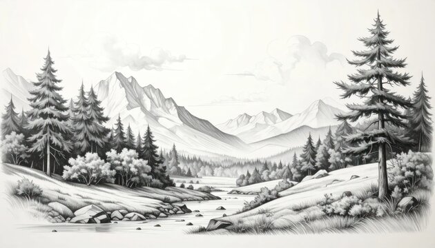 Black and white sketch of mountain forest landscape.