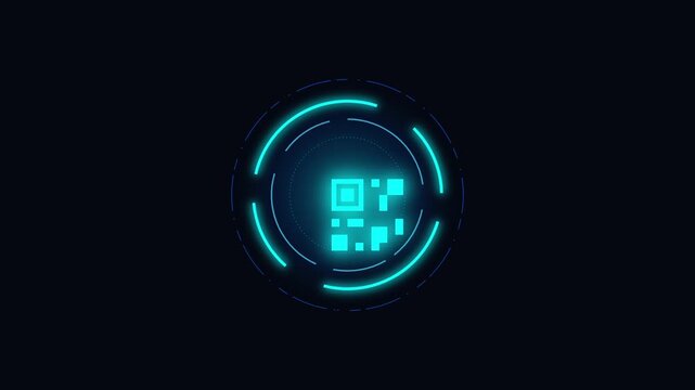 Futuristic Neon QR Code Scanner Interface with Digital Data Display and Abstract Tech Background for Modern Applications