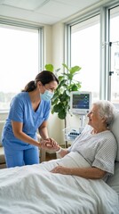 Fototapeta premium Caring Nurse Offers Comforting Hand to Smiling Elderly Patient in a Bright Hospital Room