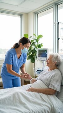 Caring Nurse Offers Comforting Hand to Smiling Elderly Patient in a Bright Hospital Room