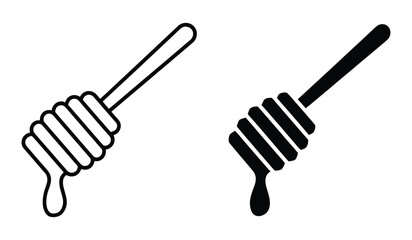 Honey Dipper Icon Set Featuring Outline and Solid Styles for Beekeeping, Honey, Natural Sweetener, Organic Food, Kitchen, Agriculture and Apiary Branding © TARIF