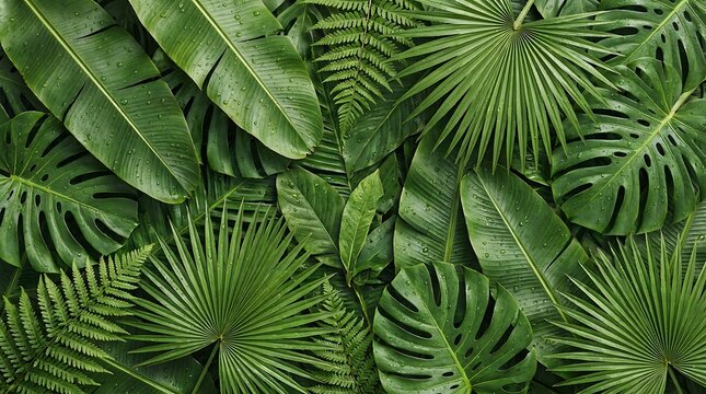 Top down view of various tropical leaves creating a dense green texture with tropical background botanical monstera vegetation