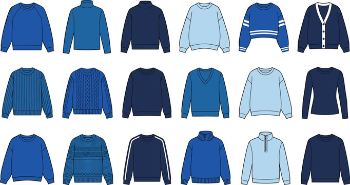 Blue Women Sweater and Cardigan Fashion Flat Sketches Collection with Knitted Pullover Apparel Templates for Clothing Technical Packs and Retail Design Vectors