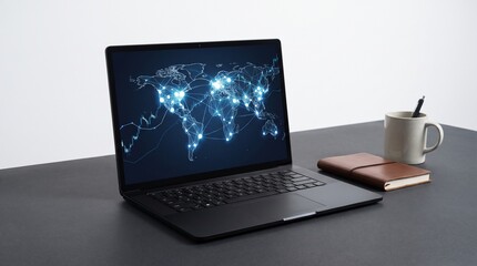 Fototapeta premium A professional workspace featuring a sleek black laptop displaying a glowing digital world map on its screen next to a small brown notebook and a ceramic mug on a minimalist dark office desk surface