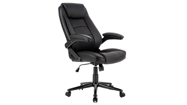 Black ergonomic office chair with wheels isolated on transparent background cut out