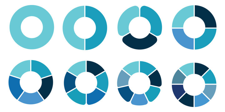 Pie chart set. Colorful diagram collection with 2,3,4,5,6,7,8 sections or steps. Circle icons for infographic, UI, web design, business presentation. Vector illustration