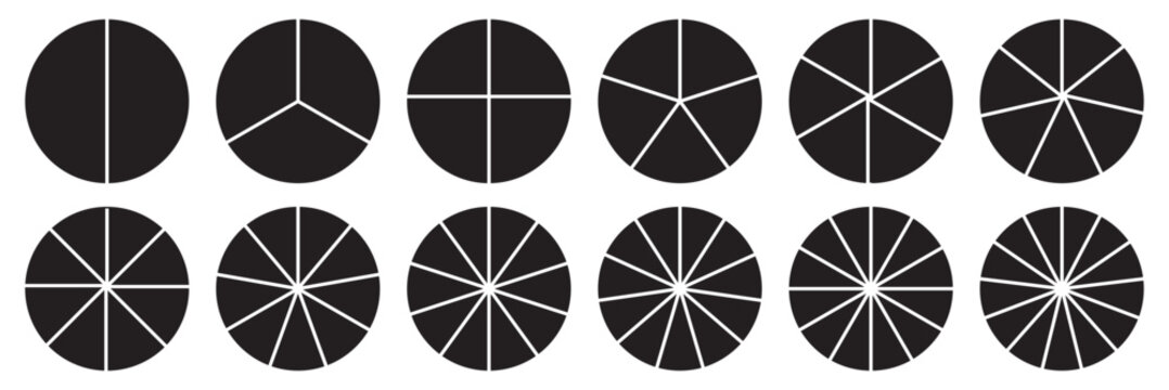 Donut charts, pies segmented on equal parts. Diagram infographic set. Circle section graph. Wheels divided in sections. Pie chart round icons. Loading bar layout icon set. Eps 10.