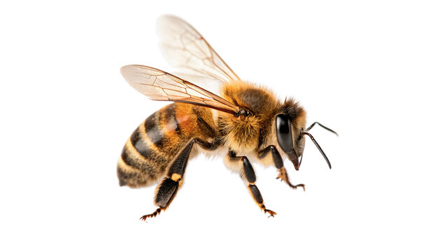 Honey bee flying gathering nectar insect isolated on transparent background cut out