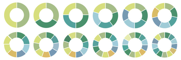 Obraz premium Circle pie chart diagram. Pie chart color icons. Colorful diagram collection with 2, 3, 4, 5, 6, 7, 8, 9, 10, 11, 12, 13 segment infographic pie chart icons eps 10.