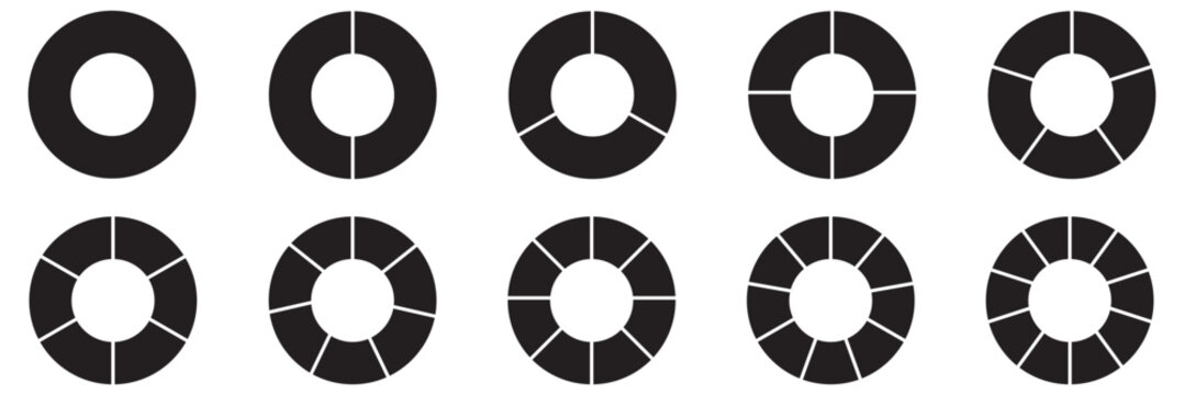 Donut charts, pies segmented on equal parts. Diagram infographic set. Circle section graph. Wheels divided in sections. Pie chart round icons. Loading bar layout icon set. Eps 10.
