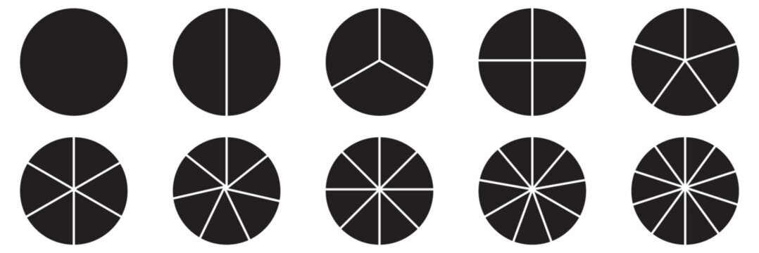 Donut charts, pies segmented on equal parts. Diagram infographic set. Circle section graph. Wheels divided in sections. Pie chart round icons. Loading bar layout icon set. Eps 10.