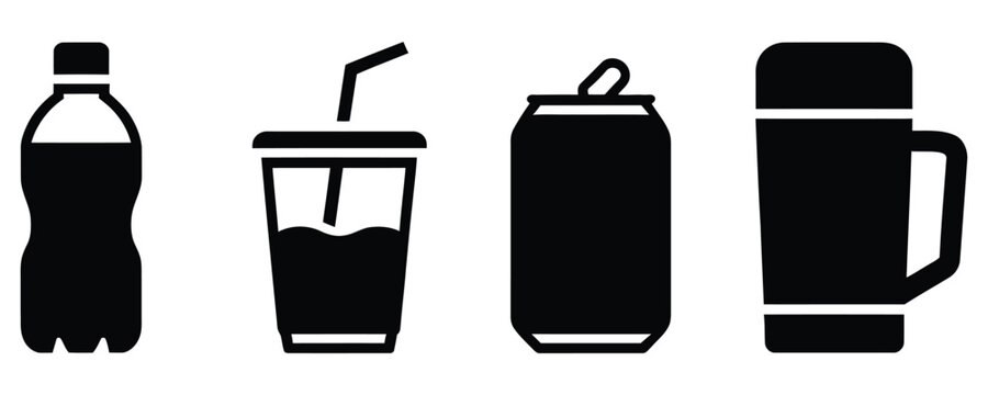 WebBeverage Container Icon Set Featuring Plastic Bottle, Soft Drink Cup, Soda Can and Travel Mug for Refreshment, Coffee, Packaging and Food Service Design