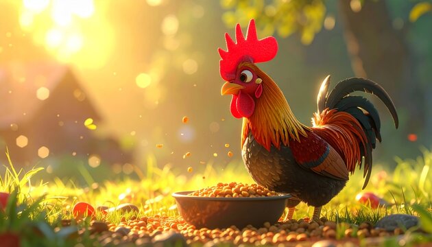 A vibrant rooster eating from a bowl outdoors in the sunshine.