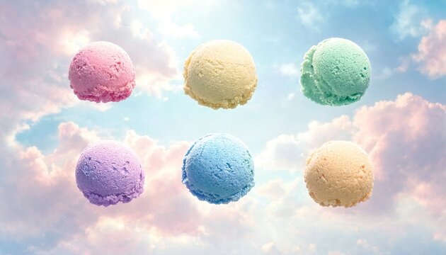 Six colorful scoops of ice cream floating in a dreamy pastel sky background