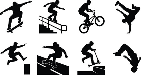 Extreme Sports Silhouette Icon Set Featuring Skateboarding Inline Skating BMX Riding and Parkour Stunts © Mst