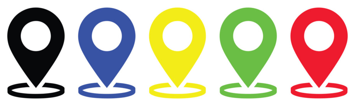 Location Pin Icon Set in Black, Blue, Yellow, Green and Red Colors for GPS Navigation, Map Markers, Travel, Tracking and Digital Mapping Applications