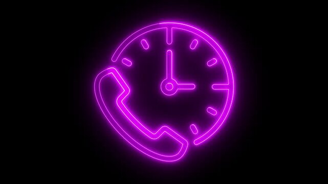 Glowing neon outline of phone and clock icon on black background 
