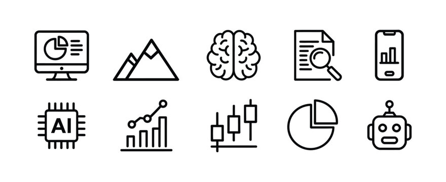 Big data analytics icon collection representing artificial intelligence fintech machine learning and financial analysis concepts