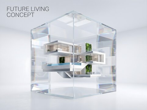 Luxury Modern House Suspended Inside Transparent Glass Cube, Futuristic Real Estate Concept, 3D Render