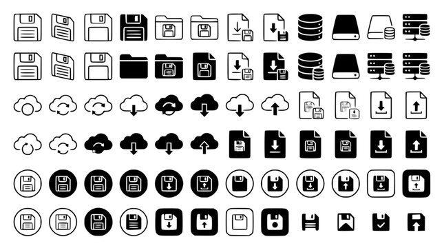 Computer memory storage web icons including floppy disks saving files cloud sync security locks and computing drives bundle