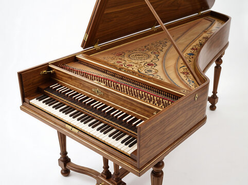  Photorealistic studio still life of a walnut harpsichord with ivory keys and ornate painted soundboard on pure white background