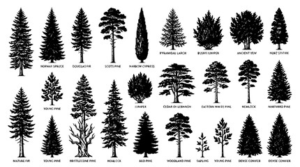 Fototapeta premium Hand drawn evergreen tree silhouettes collection with name labels including scots pine douglas fir cypress graphics