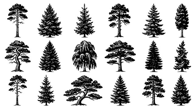 Botanical wood engraving trees pack with realistic willow pine spruce oak larch and evergreen wood plant elements