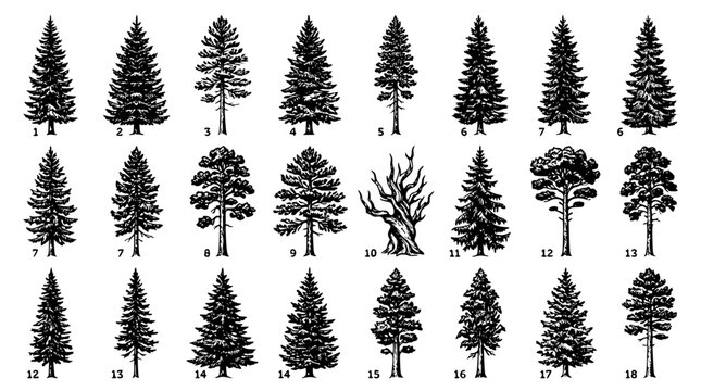 Botanical wood engraving trees numbered pack with red pine sequoia larch juniper wood elements isolated on white