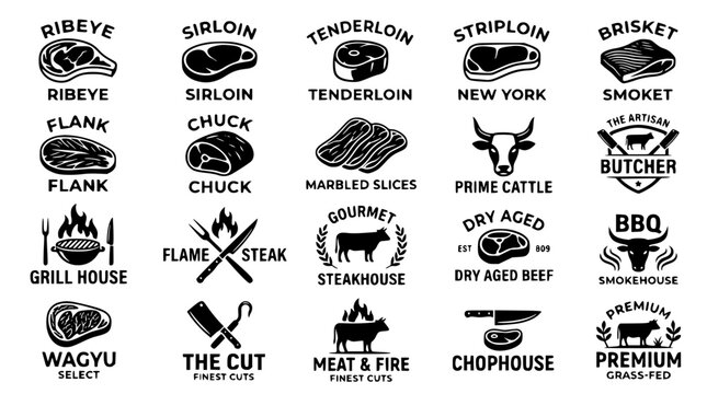 Barbecue smokehouse stamps and chophouse web icons including wagyu beef brisket cleaver knives and bbq badges bundle