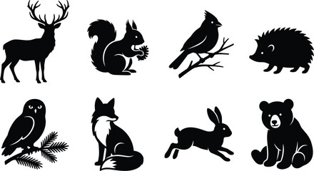 Forest Animals and Woodland Wildlife Silhouette Icon Set for Nature and Conservation Concepts © Mst