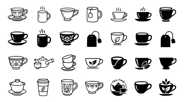Multi purpose hot beverage web icons including tea bags filled solid glyphs saucers caffeine drinks graphic pack
