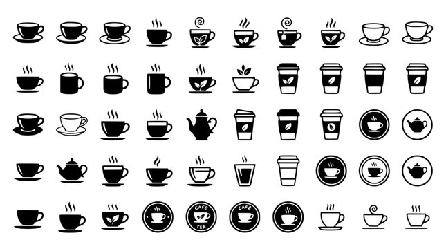 Multi purpose hot drink emblem web icons including disposable paper cups filled glyphs saucers caffeine drinks graphic pack