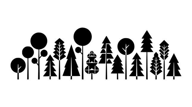  Flat design wild nature landscape background featuring architectural black solid tree shapes pine wood graphic elements