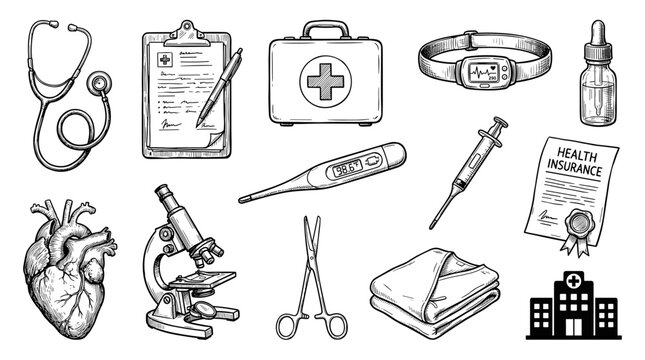 Medical health checkup icon set with stethoscope and first aid kit, black ink sketch on white background