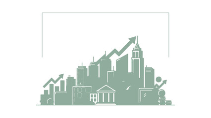 Fototapeta premium Cityscape skyline with rising arrow graph representing financial growth and economic progress