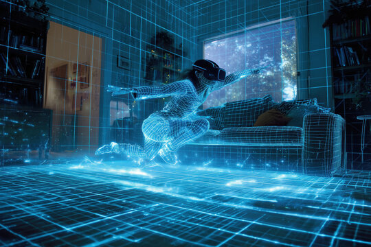Young adult woman wearing VR headset, crouching and gesturing in living room within digital grid simulation, showing immersive metaverse interaction. For gaming, home tech, future lifestyle marketing