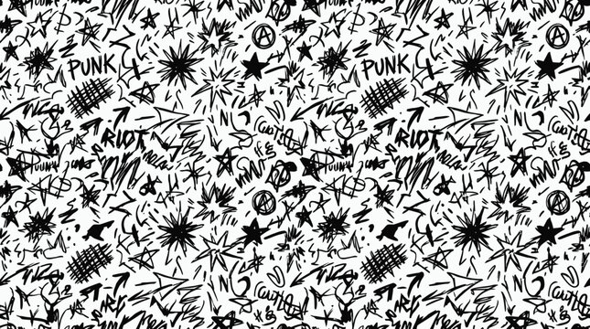 Black and white seamless pattern featuring hand-drawn punk rock style scribbles, bursting stars, arrows and anarchy symbols, Symbolizing youth culture and providing a grunge aesthetic background