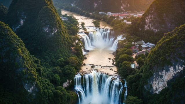 Aerial View of Ban Gioc Waterfall at Sunset