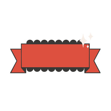 Red ribbon banner with scalloped edge and sparkles