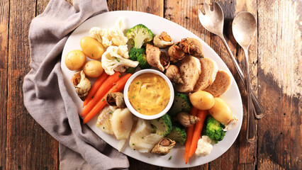 Fototapeta na wymiar Top view of traditional french aioli platter with cod fish and sea snails on rustic wood
