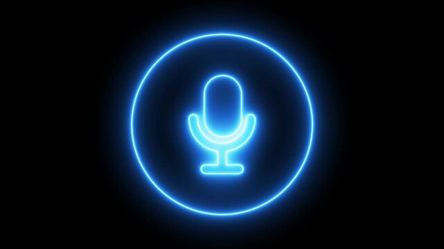 Microphone icon animation with circle background. music bar in microphone icon of Motion graphics concept. 4k Voice recording podcast mic microphone button icon animation. neon line microphone icon 