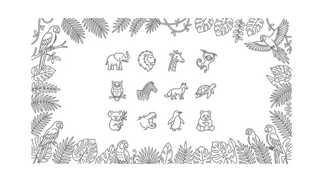 Jungle Animals Doodle Frame with Tropical Leaves and Birds